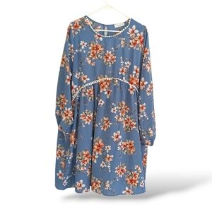 Perfect Peach Blue Babydoll Dress Floral Long Sleeve Crochet Waist Romantic Plus